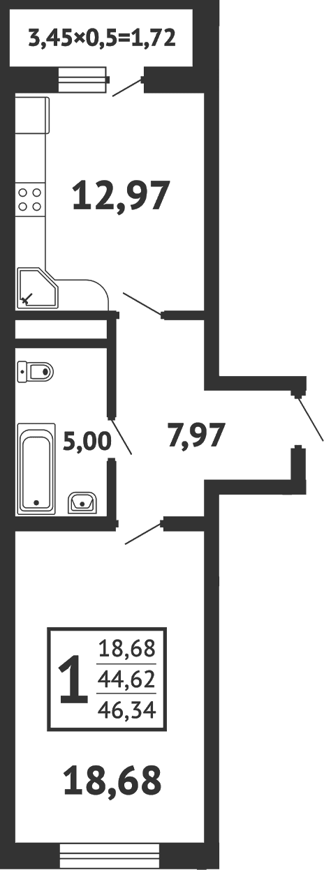 Продается 1-комн. квартира, 44.62 м²