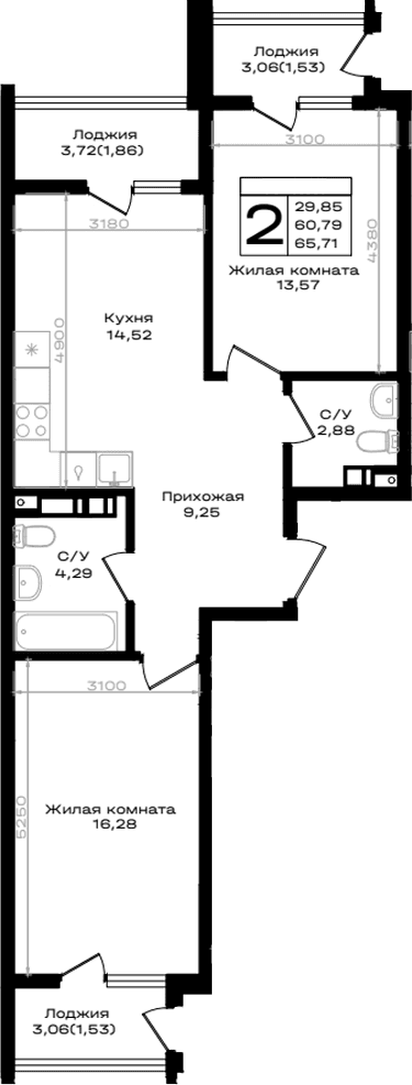 Продается 2-комн. квартира, 60.79 м²