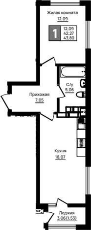 Продается 1-комн. квартира, 42.27 м²