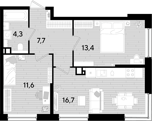 Продается 2-комн. квартира, 53.7 м²