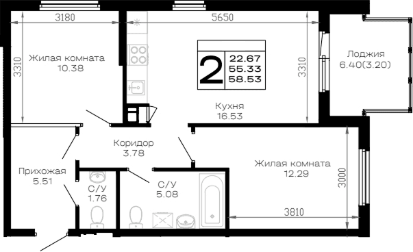 Продается 2-комн. квартира, 55.33 м²