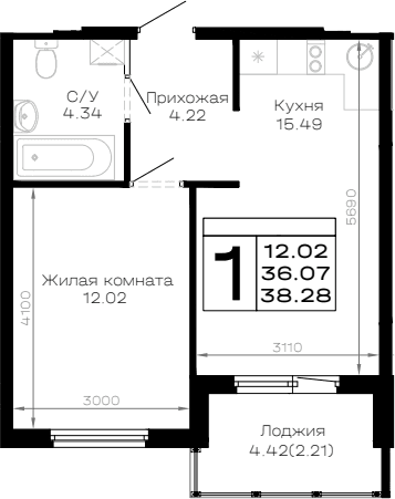 Продается 1-комн. квартира, 36.07 м²