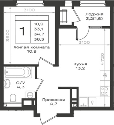 Продается 1-комн. квартира, 33.1 м²