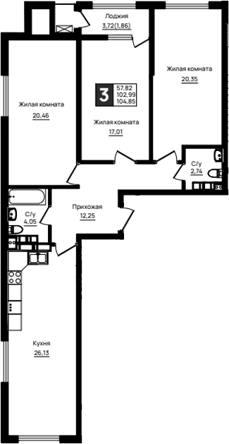 Продается 3-комн. квартира, 102.99 м²