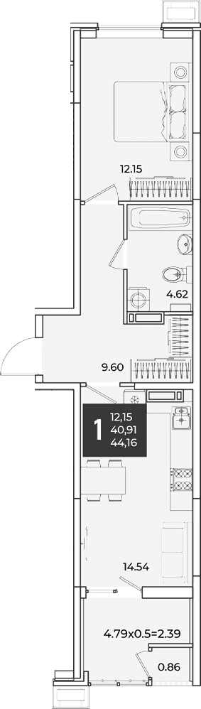 Продается 1-комн. квартира, 40.91 м²