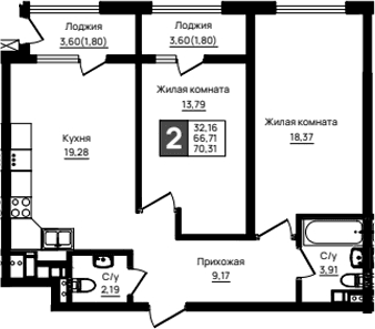 Продается 2-комн. квартира, 66.71 м²