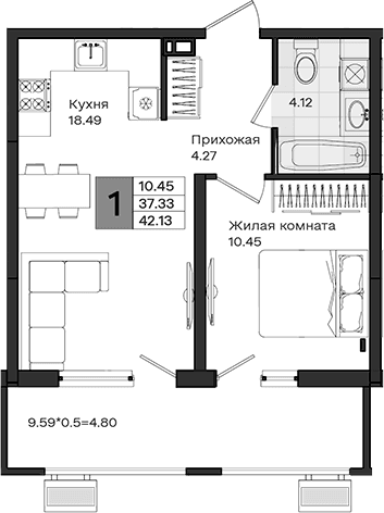 Продается 1-комн. квартира, 37.33 м²