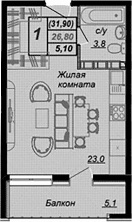 Продается 1-комн. квартира, 26.3 м²