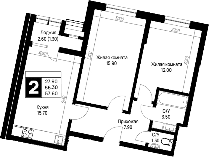 Продается 2-комн. квартира, 56.3 м²
