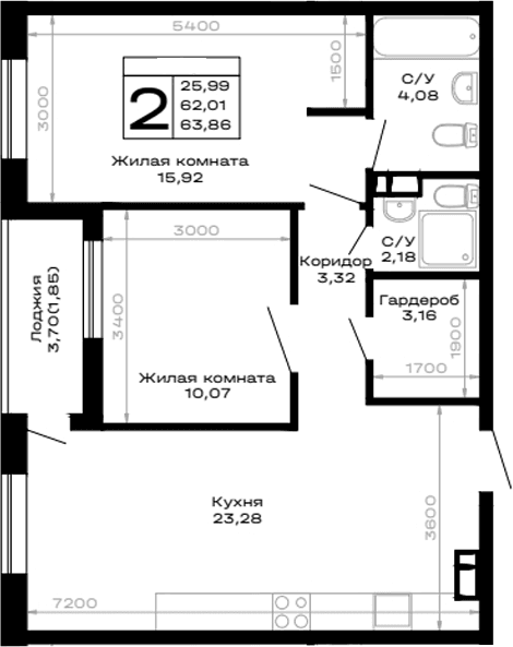 Продается 2-комн. квартира, 62.01 м²