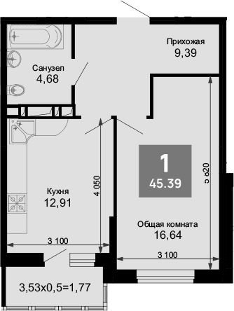 Продается 1-комн. квартира, 43.62 м²