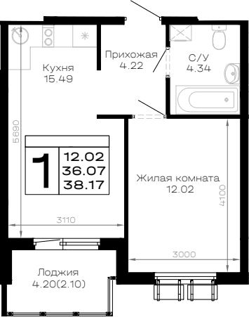 Продается 1-комн. квартира, 36.07 м²