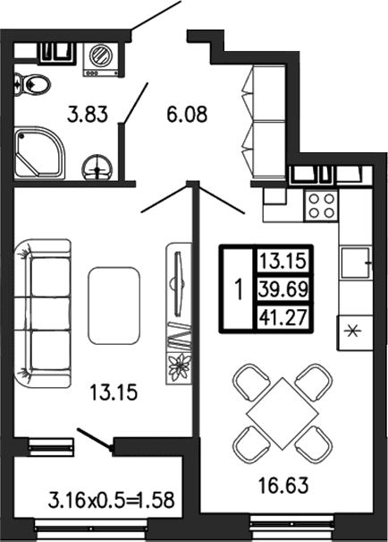 Продается 2-комн. квартира, 39.69 м²
