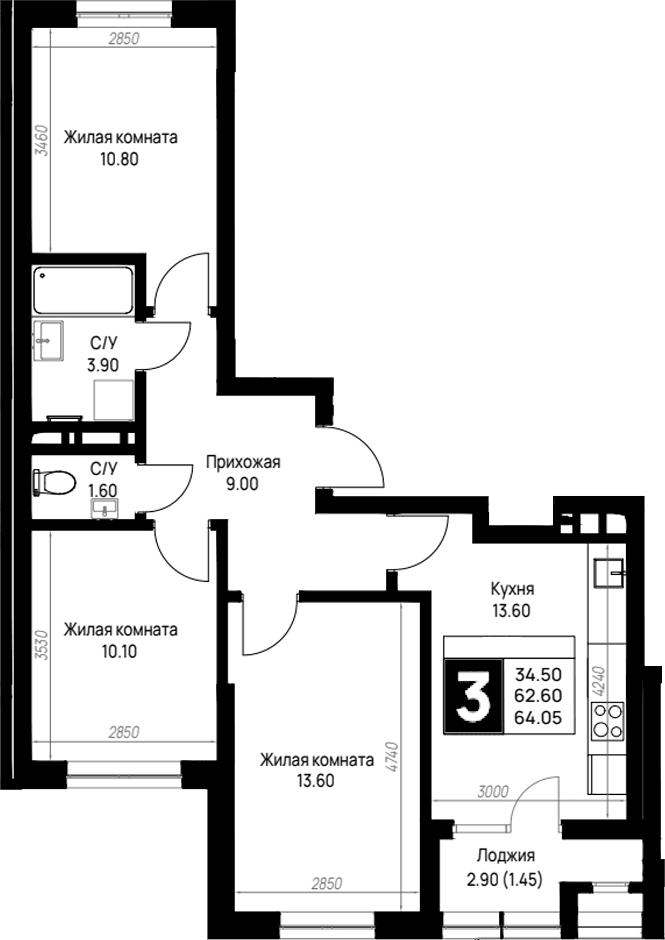 Продается 3-комн. квартира, 62.6 м²