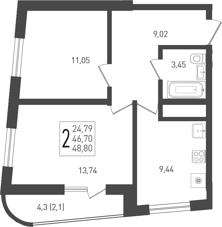 Продается 2-комн. квартира, 48.2 м²