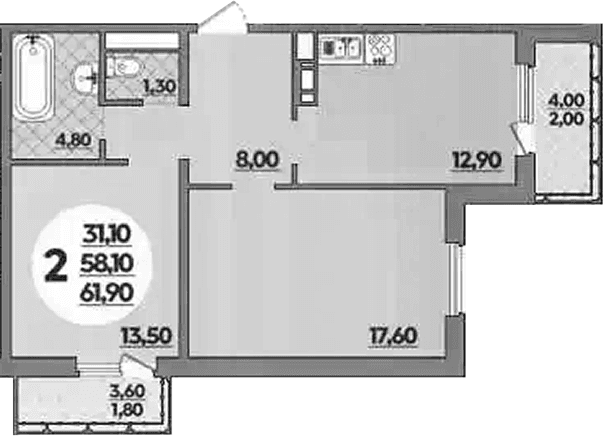 Продается 2-комн. квартира, 58.1 м²