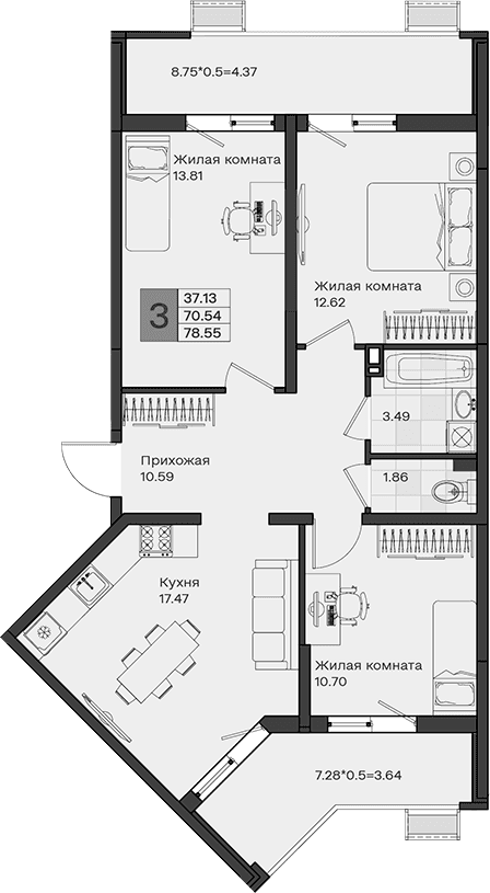 Продается 3-комн. квартира, 70.54 м²
