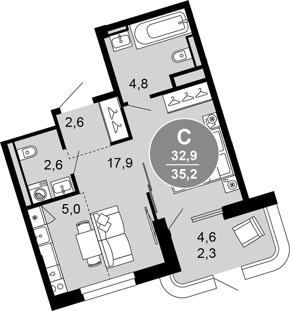 Продается 1-комн. квартира, 32.9 м²