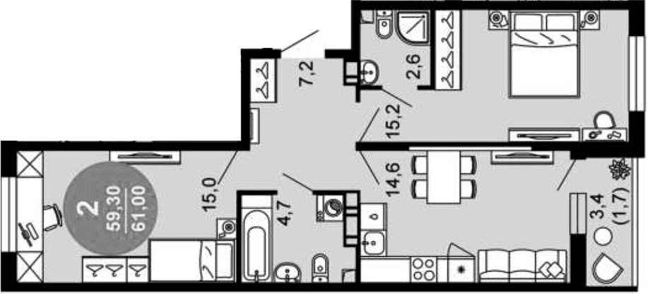 Продается 2-комн. квартира, 59.3 м²