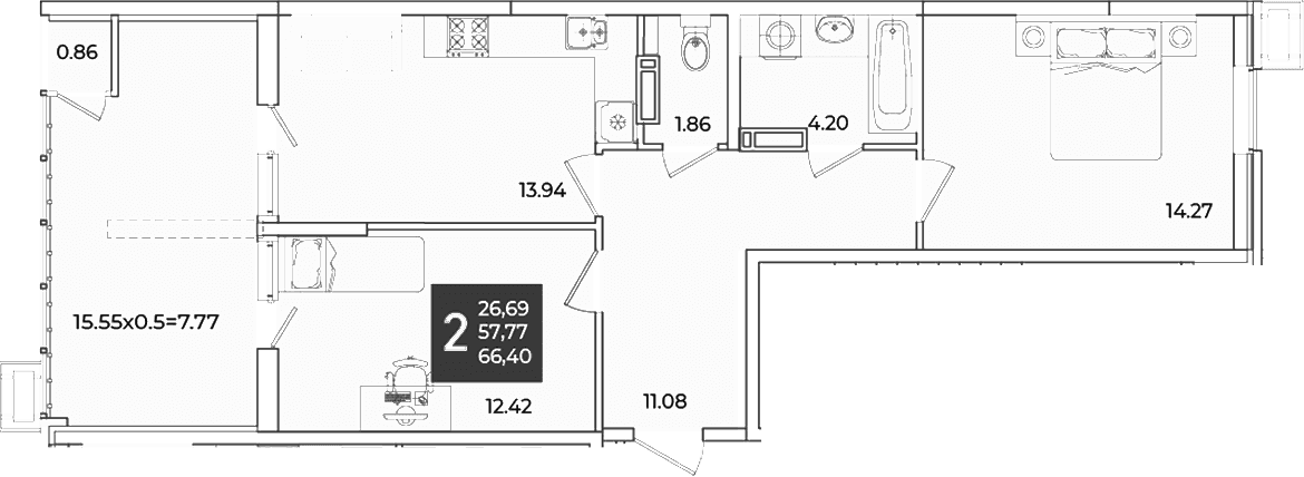 Продается 2-комн. квартира, 58.63 м²