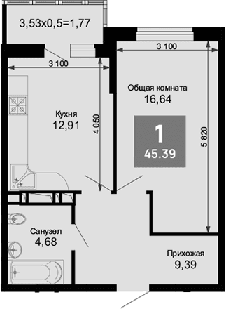 Продается 1-комн. квартира, 43.62 м²