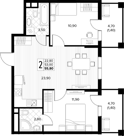 Продается 2-комн. квартира, 53 м²
