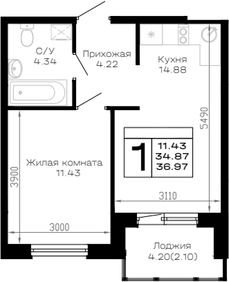 Продается 1-комн. квартира, 34.87 м²
