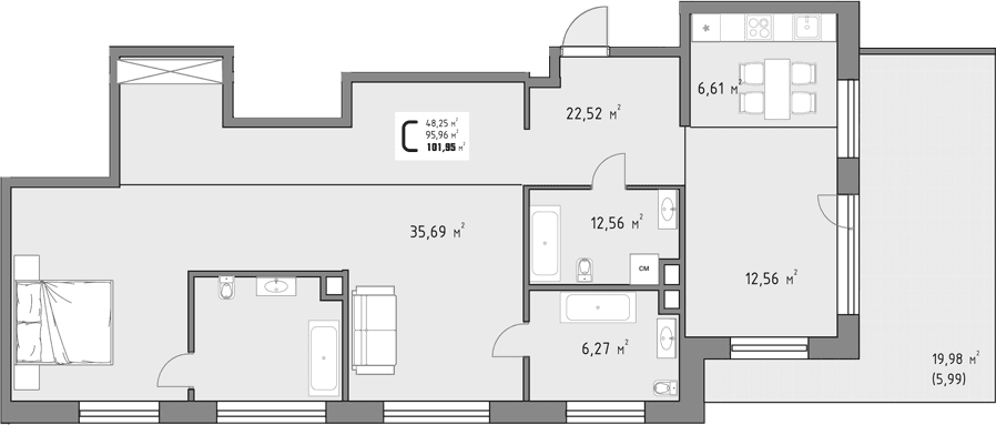 Продается 1-комн. квартира, 95.96 м²