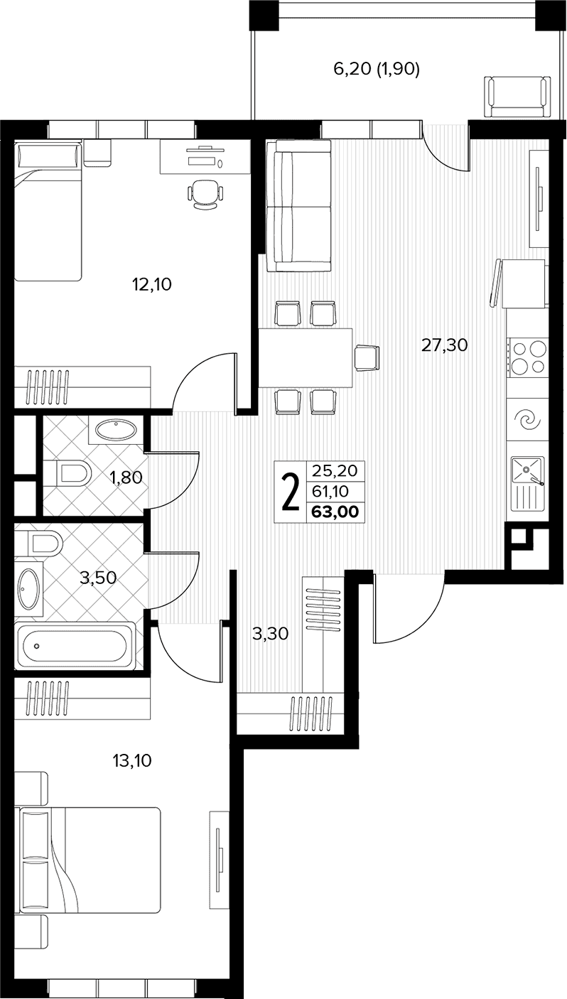 Продается 2-комн. квартира, 61.1 м²