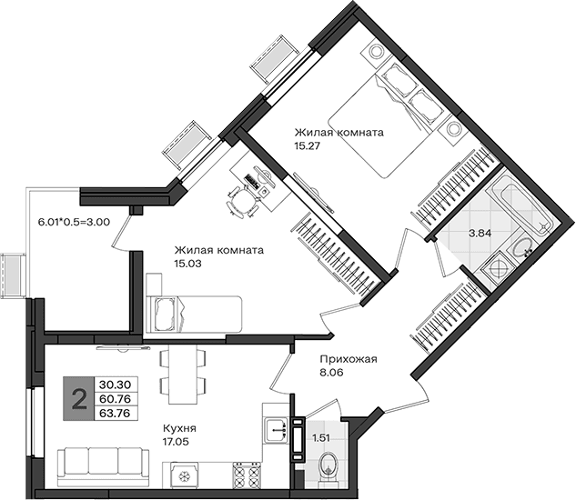 Продается 2-комн. квартира, 60.76 м²