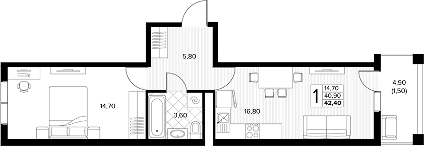 Продается 1-комн. квартира, 40.9 м²