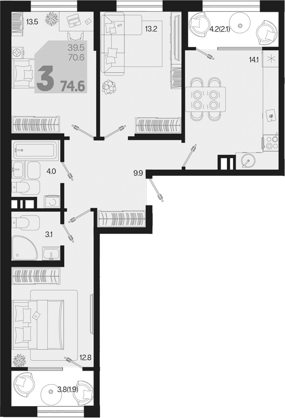 Продается 3-комн. квартира, 70.6 м²