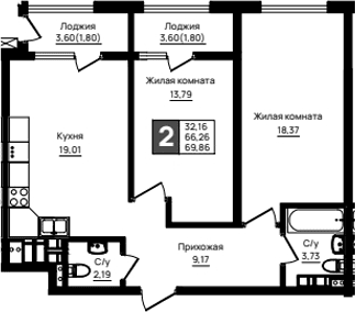 Продается 2-комн. квартира, 66.26 м²