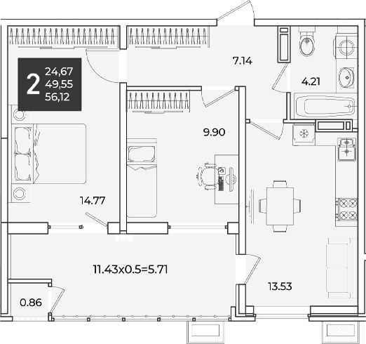 Продается 2-комн. квартира, 49.55 м²