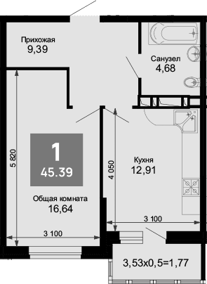 Продается 1-комн. квартира, 44.11 м²