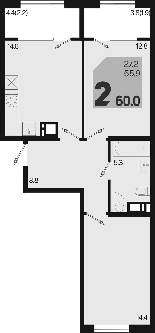 Продается 2-комн. квартира, 55.9 м²
