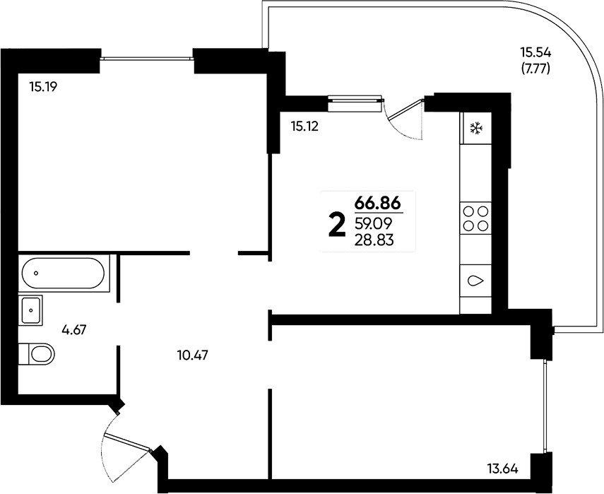 Продается 2-комн. квартира, 59.09 м²