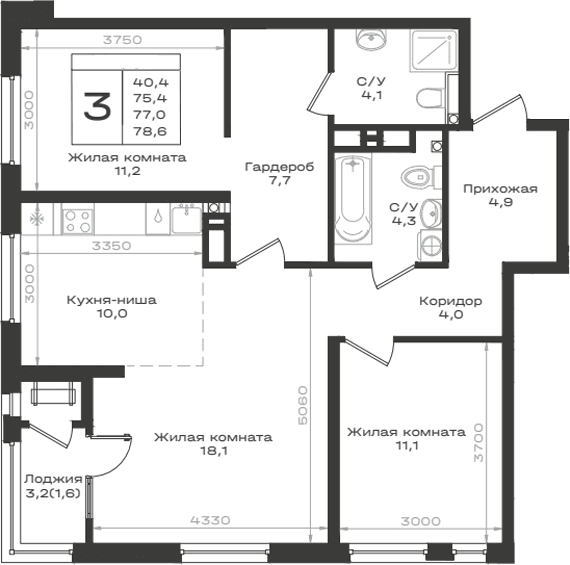Продается 3-комн. квартира, 75.4 м²
