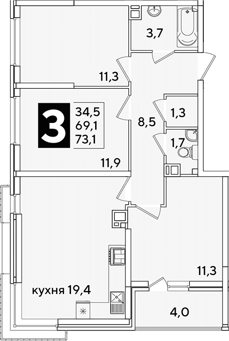 Продается 4-комн. квартира, 69.1 м²
