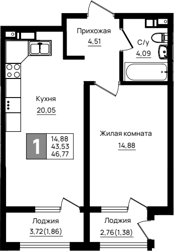 Продается 1-комн. квартира, 43.53 м²