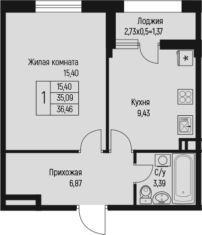 Продается 1-комн. квартира, 35.09 м²