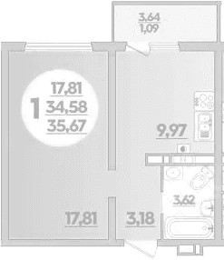 Продается 1-комн. квартира, 34.58 м²
