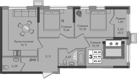 Продается 3-комн. квартира, 63.98 м²