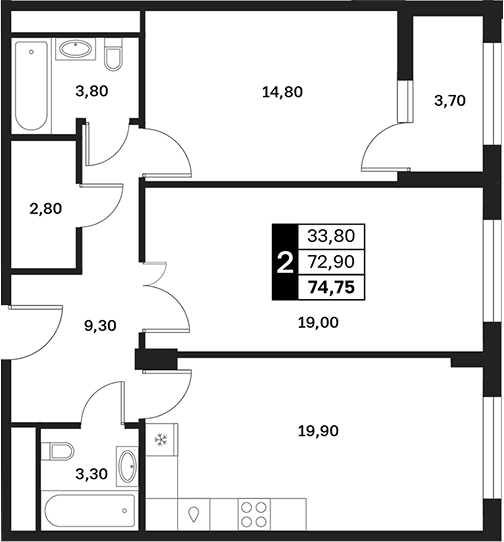 Продается 2-комн. квартира, 72.9 м²