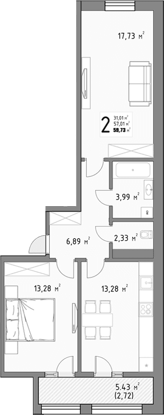 Продается 2-комн. квартира, 57.01 м²