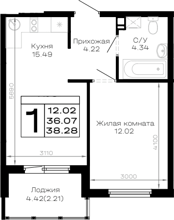 Продается 1-комн. квартира, 36.07 м²