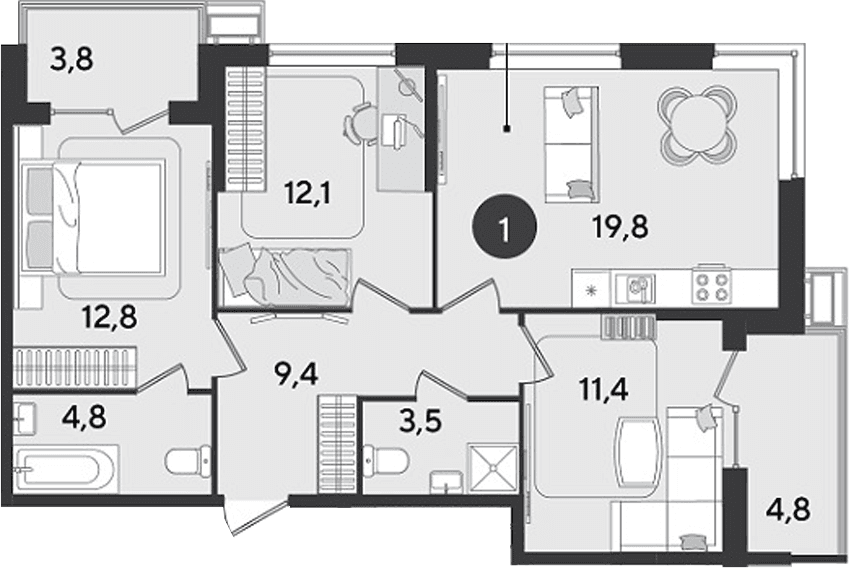 Продается 3-комн. квартира, 73.8 м²