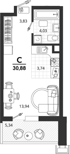 Продается 1-комн. квартира, 25.54 м²