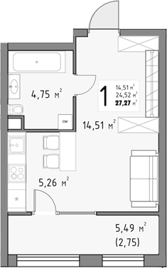 Продается 1-комн. квартира, 24.52 м²