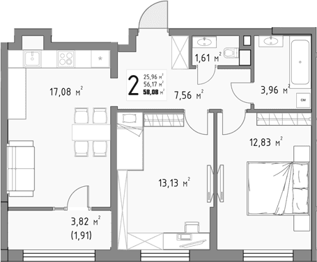 Продается 2-комн. квартира, 56.17 м²